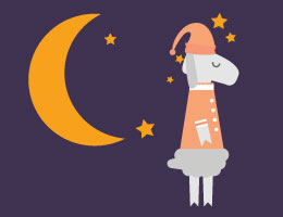   A sheep in pajamas stands near a crescent moon and stars. Text: