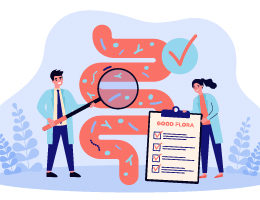 Two people next to a representation of gut bacteria. A checklist reads "Good flora." Illustration.